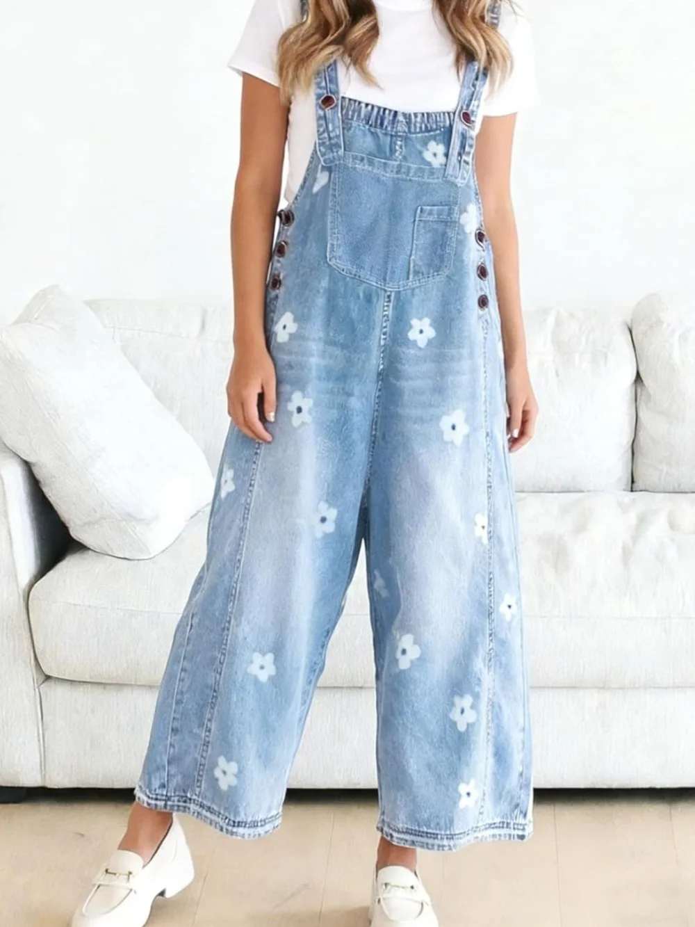 Light Wash Denim Floral Overalls with White Flower Appliqués